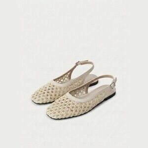 Cream Woven Cross Strap Slingback Sandals Square Toe Braided Flats